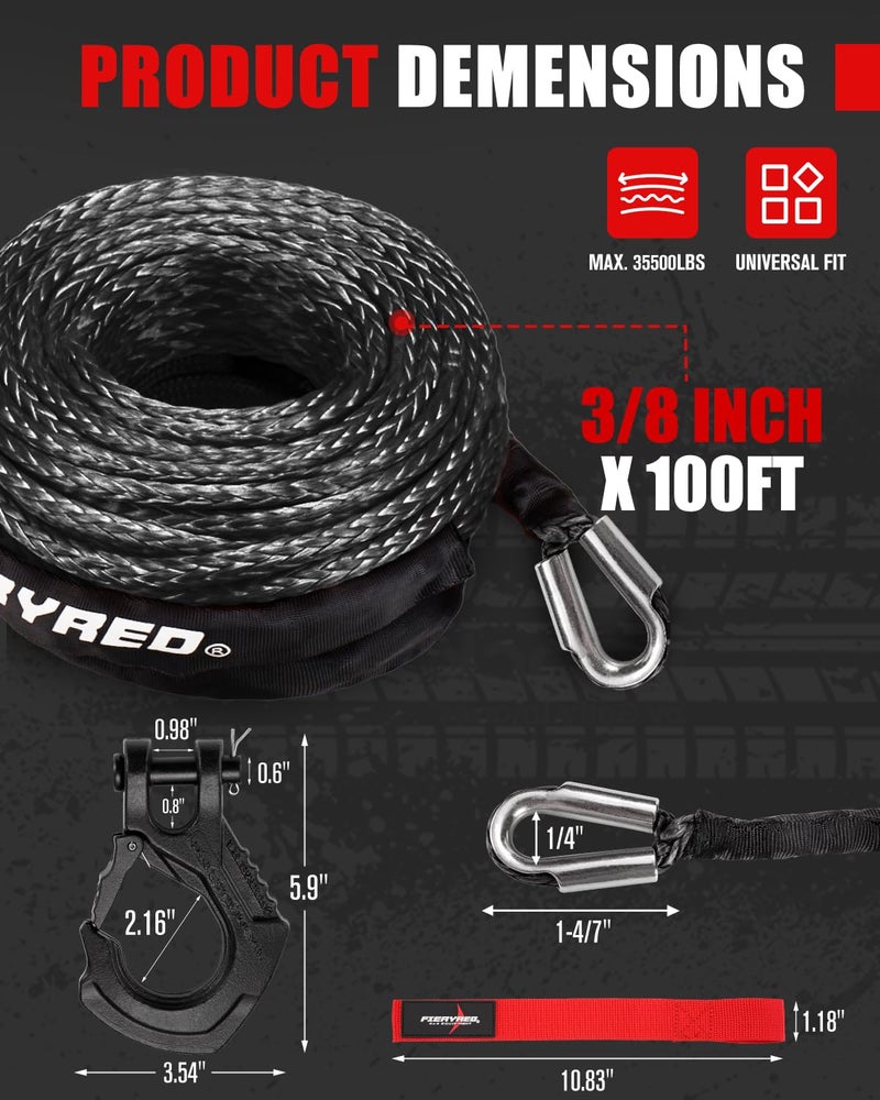 FieryRed Synthetic Winch Rope Cable Kit 3/8inch 100FT 26500lbs Winch Line Replacement with Forged Hook Protective Sleeve for 4WD Off-Road Vehicle SUV, Black - Image 2